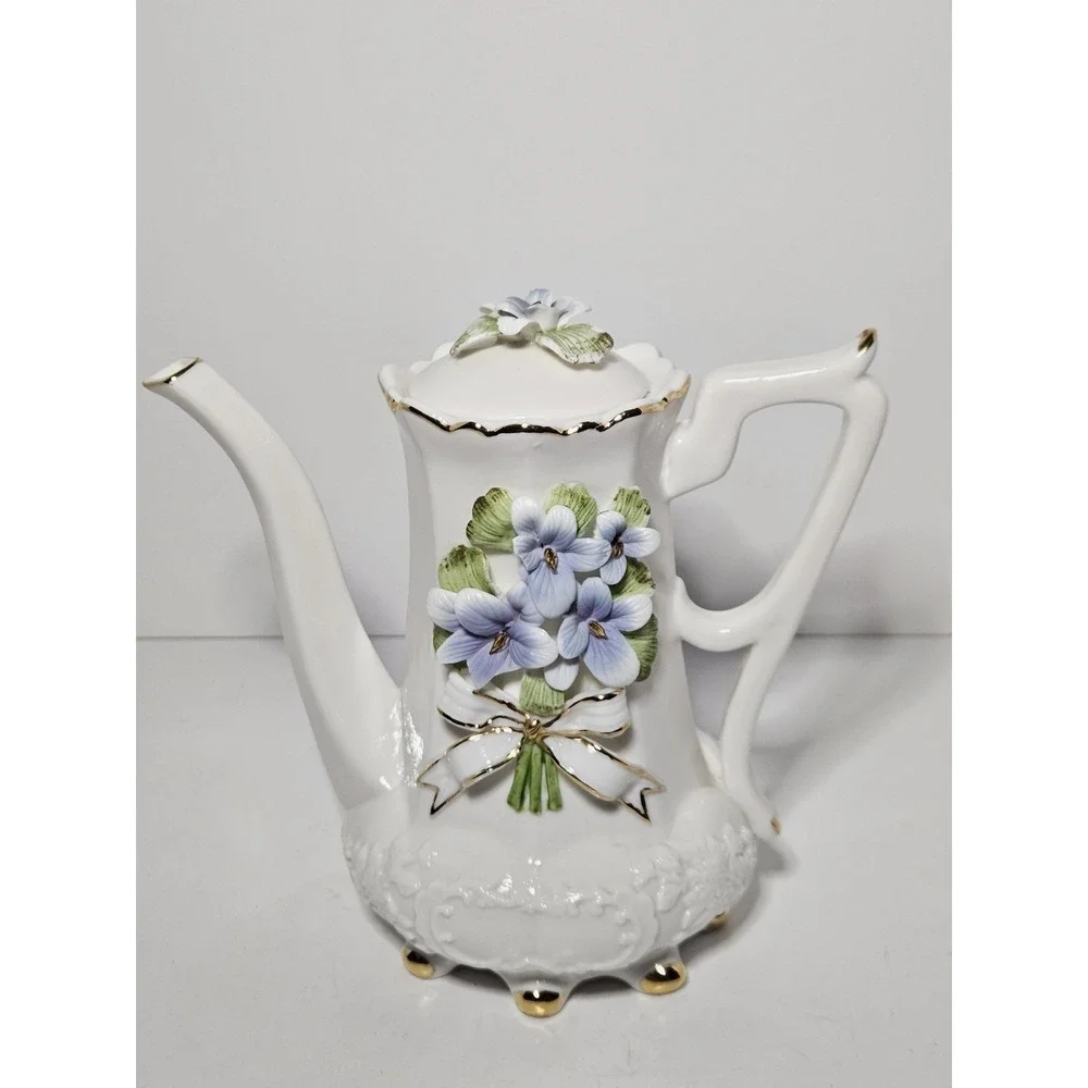Porcelain Teapot 3D Applied Purple Violet Flowers White Gold Trim Footed Vintage
